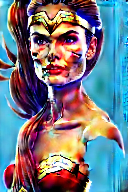 Image similar to portrait of a mix of beautiful young maria shriver, mariel hemmingway, brooke shields and elle macpherson as wonderwoman, thin lips, hair tied up in a pony tail, colorful artstation, cgsociety