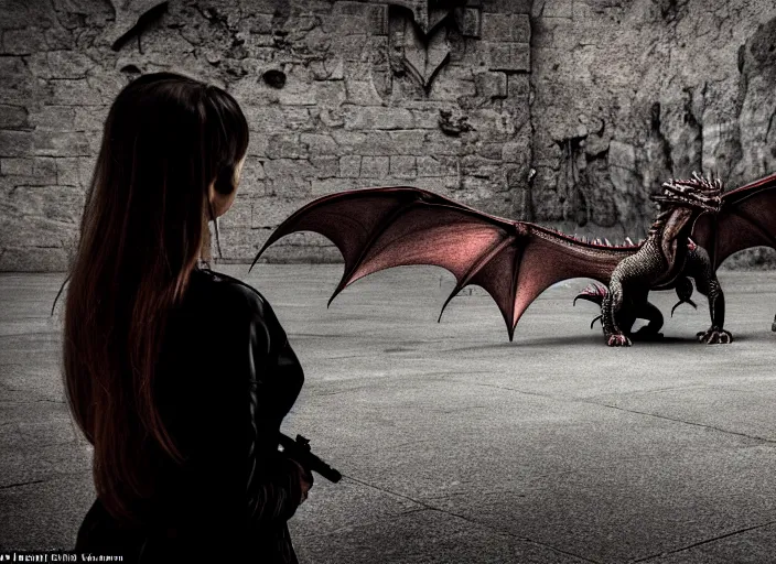 Prompt: scared female rogue who came only to look at the real dragon, symmetrical, cinematic, real photography