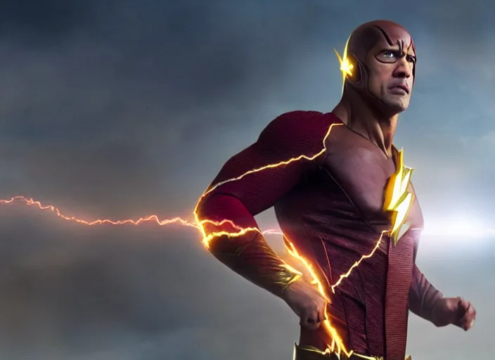 Prompt: film still of dwayne the rock johnson as the flash in the new flash movie, 4 k