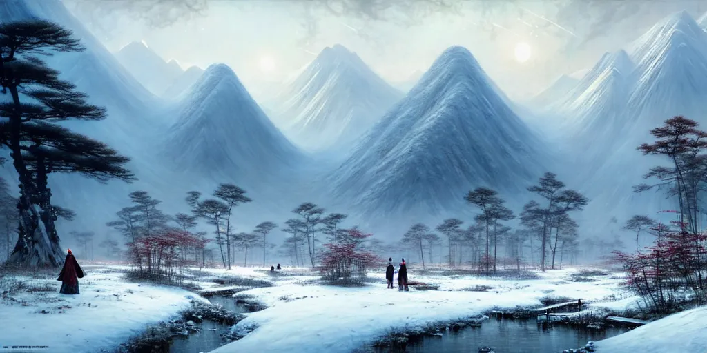 Image similar to beautiful chinese forest and a alaskan tundra snow covered landscape, with a quant village peaceful painted by greg rutkowski, makati shinkai, james gurney, wlop