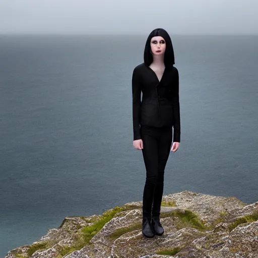 Image similar to 1 7 - year - old pale - skinned british - persian girl with black long bob cut, long bangs, black gothic jacket, black jeans, psychic girl, standing on cliff along the irish coast, overcast gray skies, ultra - realistic, sharp details, subsurface scattering, intricate details, art by william - adolphe bouguereau