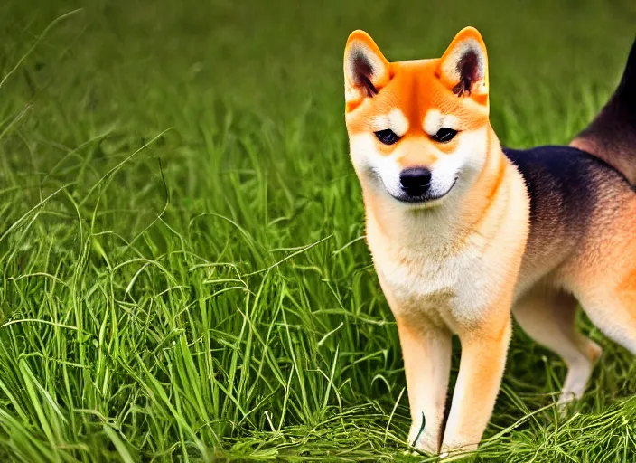 Prompt: a closeup, 4 5 mm, detailed photograph of cute real shiba inu in grass land, beautiful low light, 4 5 mm, by franz lanting
