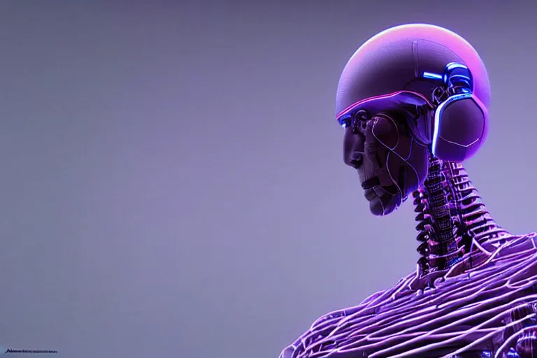 Image similar to hyperrealistic medium shot robot cyborg in wires data center server! by stanley kubrick highly detailed concept art zdzisław beksinski william gibson westworld hbo cinematic low purple lighting high angle hd 8 k sharp shallow depth of field