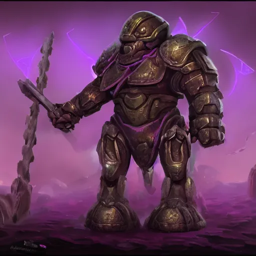 Image similar to purple glow coming off of ancient runic armored golem high detail, artstation, award winning masterpace