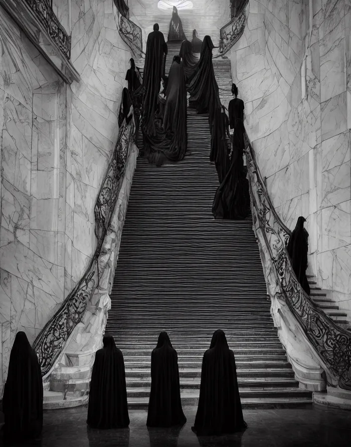 Image similar to several ritualistic figures shrouded in a long trailing dark black opaque gown, descending in tandem down a giant marble staircase away from a conference room, photorealism, hyperrealism, harsh lighting, dramatic lighting, medium shot, serious, gloomy, foreboding, cinematic, creepy