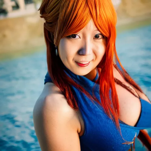 Prompt: A full portrait photo of real-life nami one piece, f/22, 35mm, 2700K, lighting.