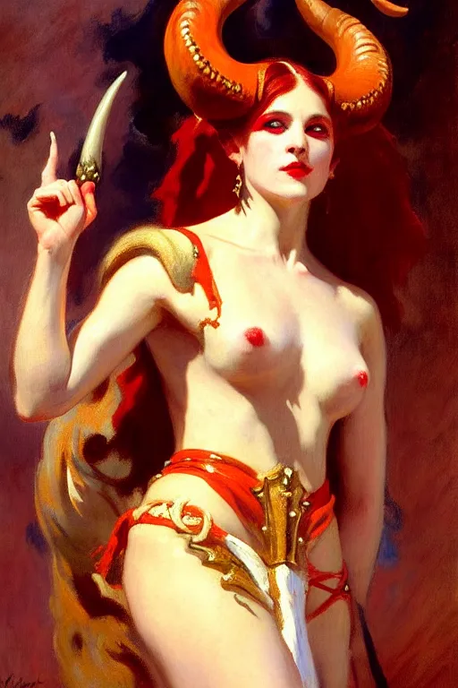 Prompt: painted close - up portrait of a attractive red - skinned intimidating demon girl with ram horns! oil painting, wearing a noblewoman's outfit, fantasy art by john singer sargent and gaston bussiere, demon noble character design, hd