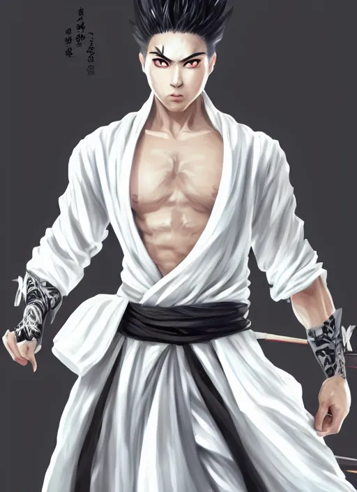 Prompt: a highly detailed illustration of fierce short white haired attractive young japanese man wearing white hakama, black sclera! eyes, dramatic fighting stance pose, muscular, intricate, elegant, highly detailed, centered, digital painting, artstation, concept art, smooth, sharp focus, league of legends concept art, wlop
