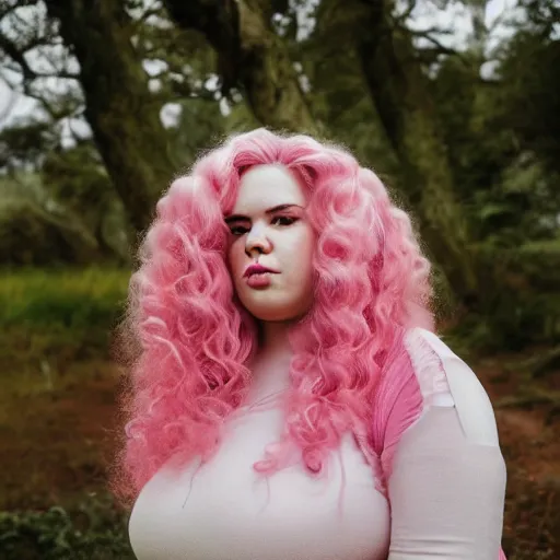 Image similar to a photograph of rose quartz from steven universe, portrait photography, 85mm, iso 400, focus mode ,a kind expression, detailed portrait, gigantic pink ringlets, huge curly pink hair, tight gigantic pink curls, warm features, plus size, white dress, gorgeous, kind features, beautiful woman, flattering photo, daylight