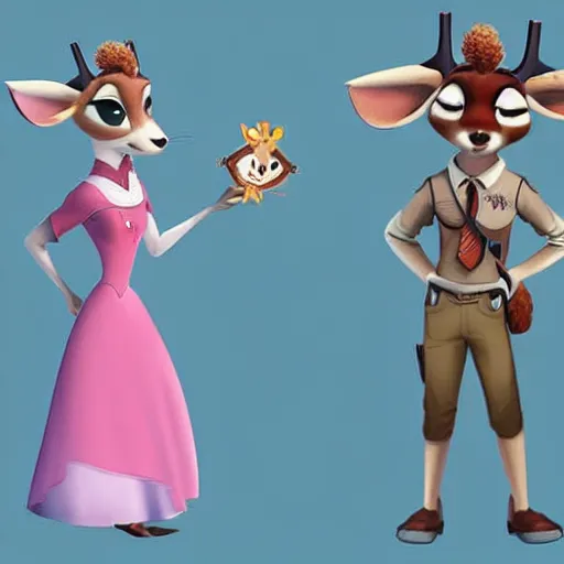 Image similar to style of disney princess and zootopia, anthropomorphic deer, female