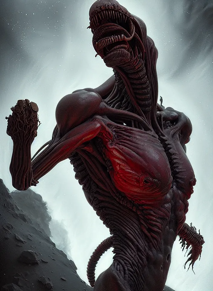 Image similar to a body portrait of a creature invoking fear, art by greg rutkowski, hostile alien xenomorph, scifi horror setting, dark lighting, matte painting, trending on artstation, very detailed