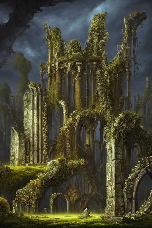 Image similar to a beautiful digital illustration painting of a detailed gothic fantasy ruins and roots, dark mushroom, flowers by benoit b. mandelbrot, steven belledin, martin johnson heade, lee madgwick, caspar david friedrich, and david rios ferreira. 8 k resolution trending on artstation concept art digital illustration