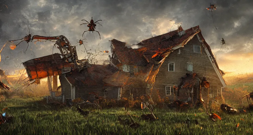 Prompt: giant bugs crush a farm house, close up, hyperdetailed, artstation, cgsociety, golden hour 8k