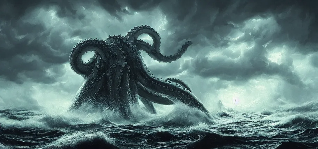 Image similar to wild ocean storm at night, a giant kraken emerging from water, dramatic lighting, cinematic, establishing shot, extremely high detail, photorealistic, cinematic lighting, post-processed, concept art, artstation, matte painting, in the style of eddie mendoza, raphael lacoste, alex ross