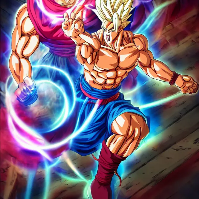 Image similar to muscular anime man powers up going super saiyan in the hyperbolic time chamber, ultrafine hyperrealistic detailed face illustration by kim jung gi, irakli nadar, intricate linework, sharp focus, bright colors, matte, octopath traveler, final fantasy, unreal engine highly rendered, global illumination, radiant light, intricate rainbow environment