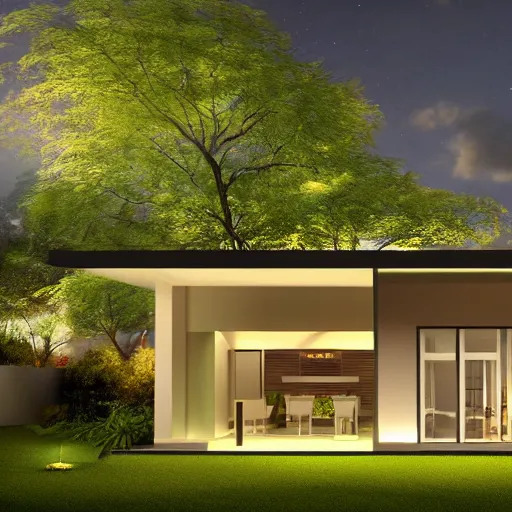 Image similar to design of a garden house, modern style, vivid lighting, photorealist