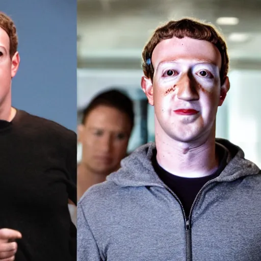 Image similar to Mark Zuckerberg plays Terminator, wearing leather jacket, red eye, VFX film