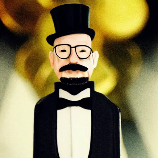 Image similar to Walter White wearing a tuxedo and top hat