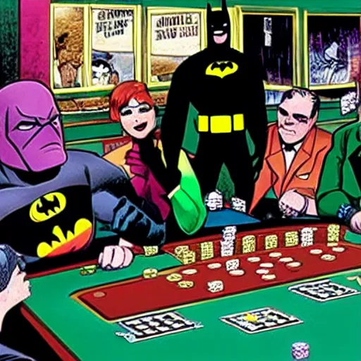 Image similar to batman playing a poker game with other superheroes in a basement, coolidge