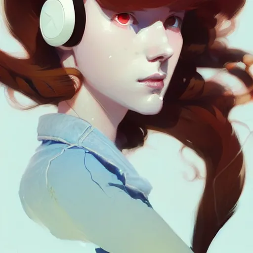 Image similar to beautiful artistic - wave highly detailed portrait female, with head phones, long red hair, by atey ghailan, by greg rutkowski, by greg tocchini, by james gilleard, by joe fenton, by kaethe butcher, dynamic lighting, gradient light blue, brown, blonde cream and white color scheme, grunge aesthetic