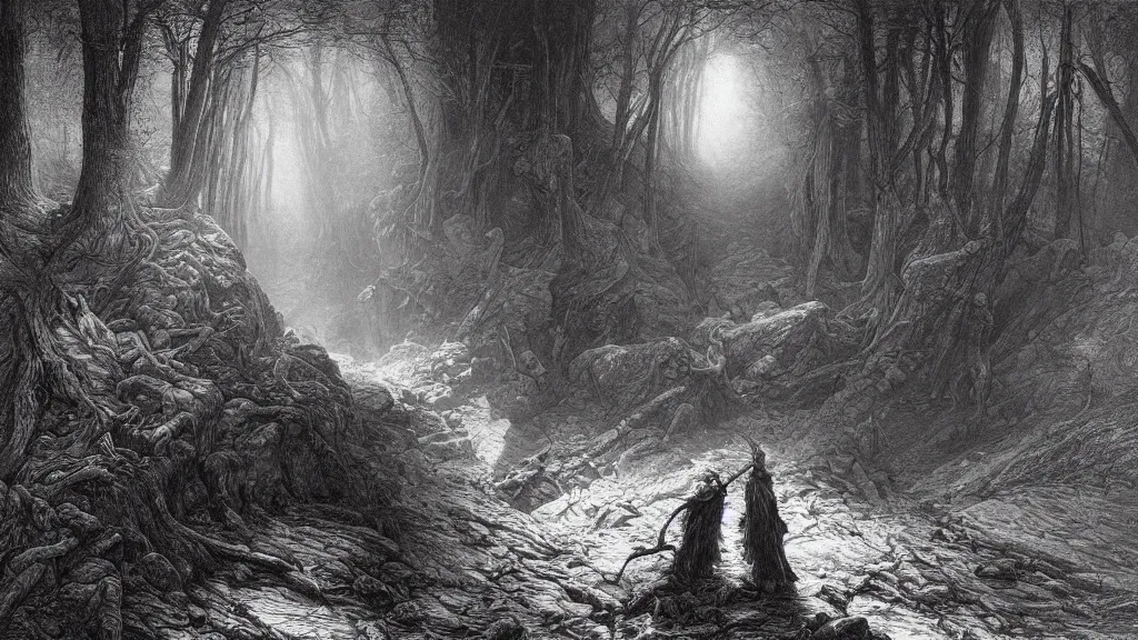 Image similar to the vanishing of ethan carter by gustave dore, james ryman, wayne barlowe. deep rich color