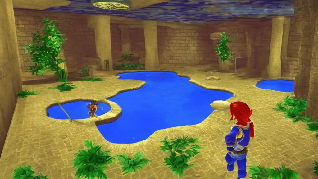 Image similar to Screenshot from Zelda Ocarina Of Time at an indoor swimming pool