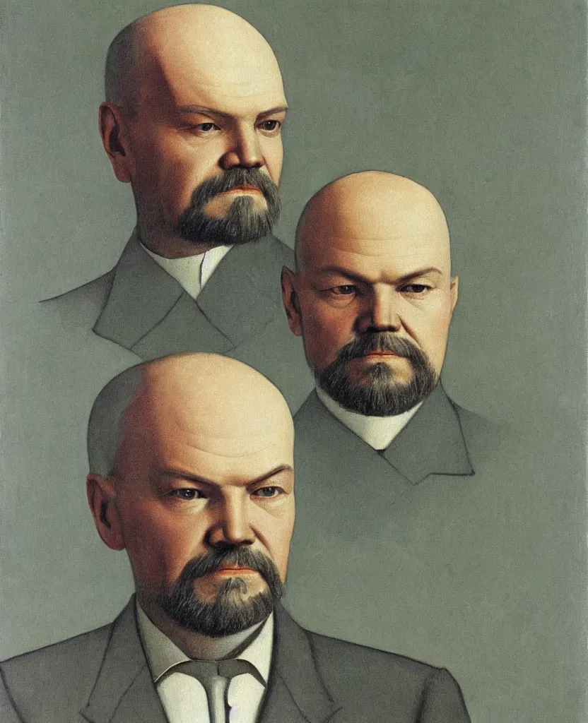 Image similar to A detailed portrait of Vladimir Lenin with a mushroom for a head. Painted by Grant Wood