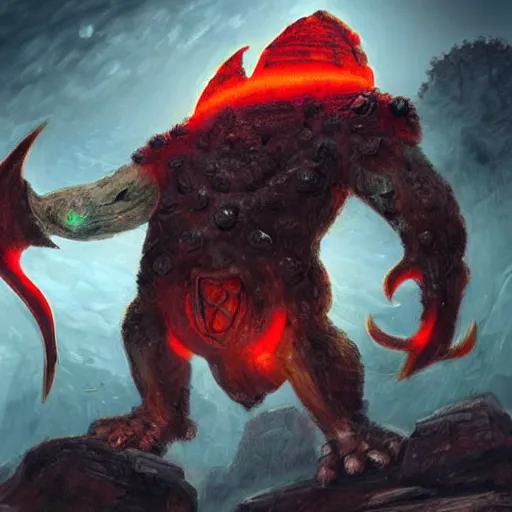 Image similar to a large rock elemental with glowing red runes adorning its body, it has a head shaped like a medieval helmet and one of its arms is much larger than the other, it stands menacingly with the camera looking up at it, high quality fantasy art