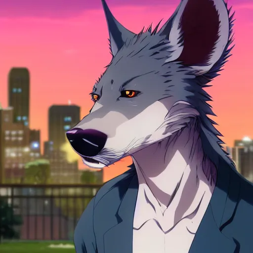 Prompt: key anime visual still portrait of beastars anthropomorphic anthro male spotted hyena furry fursona, handsome eyes, school uniform, in a city park at night, official studio anime still
