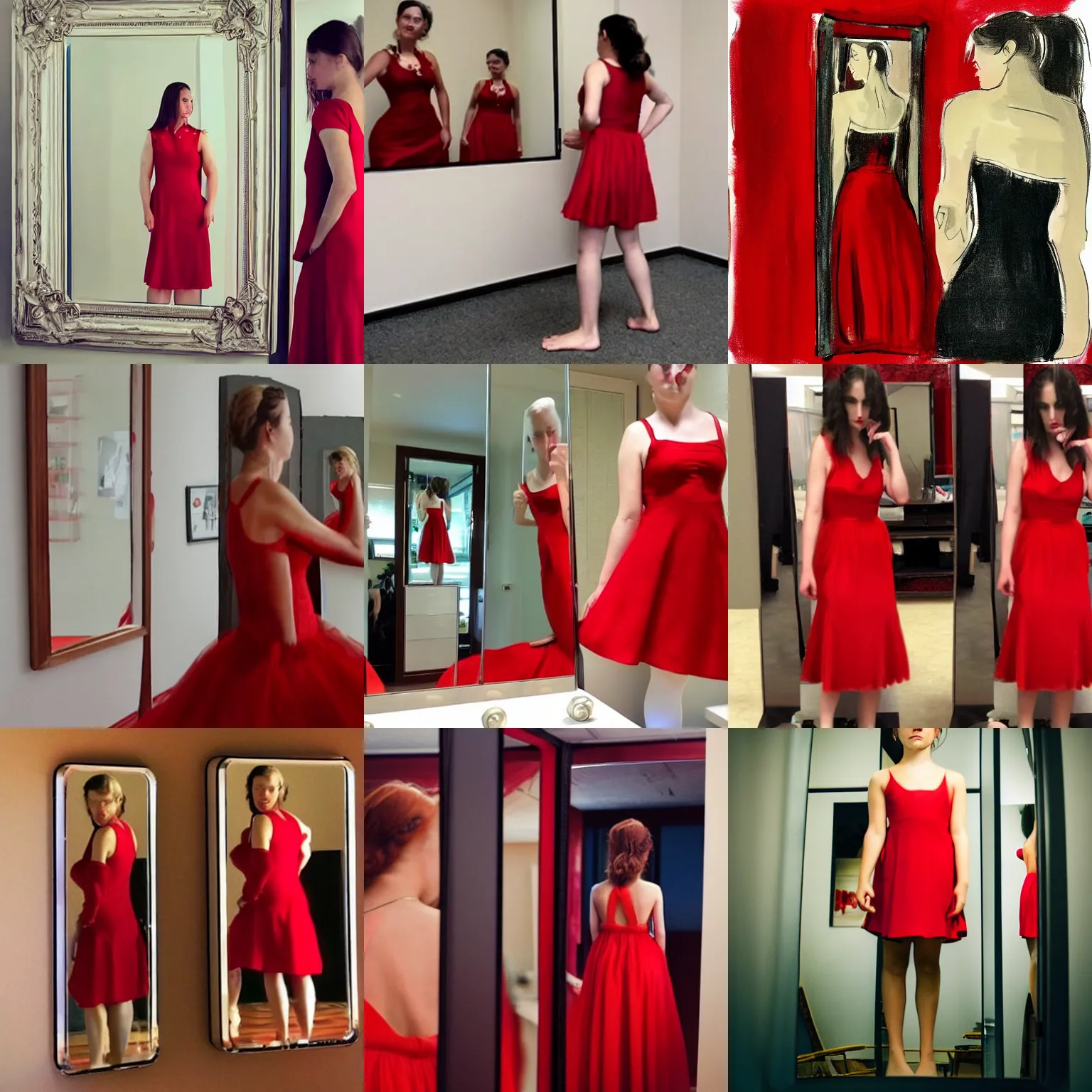 Prompt: a girl in a red dress between two mirrors, infinite recursion