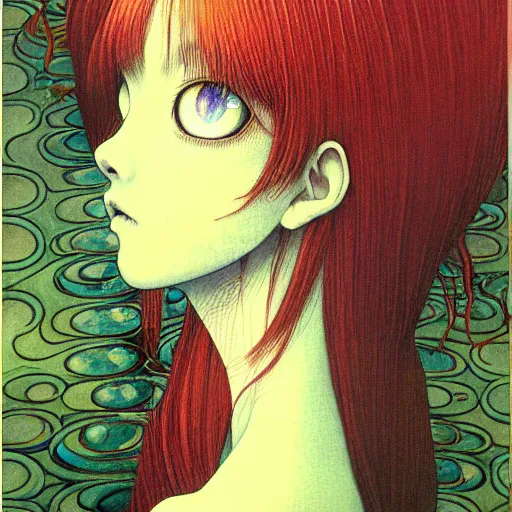 Prompt: prompt: Fragile looking vessel portrait face drawn by Katsuhiro Otomo, nymph in the water performing alchemy, intricate oil painting, soft dark light, intricate detail, intricate oil painting detail, sharp high detail, manga and anime 2000