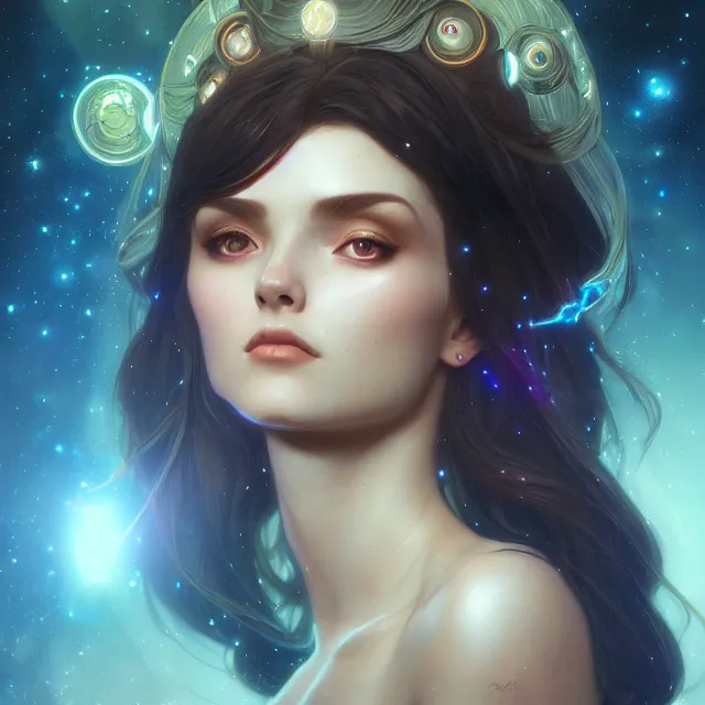 Prompt: close up portrait of beautiful brunette space princess, symmetry! astral nebula, glowing hair, subsurface scattering, artistic, art by artgerm, greg rutkowski and alphonse mucha, artstation, octane render,