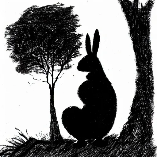 Image similar to milt kahl pen and ink sketch of a rabbit silhouette standing by a tree in the forest facing away