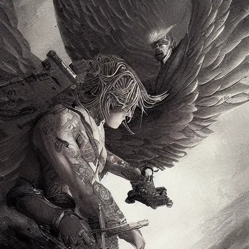 Image similar to angel protecting man, detailed intricate ink illustration, dark atmosphere, detailed illustration, hd, 4 k, digital art, overdetailed art, by greg rutkowski, by loish, complementing colors, trending on artstation, deviantart