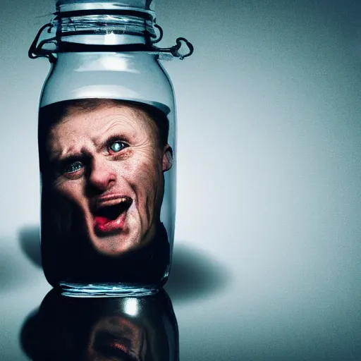Image similar to a scared man trapped in a jar