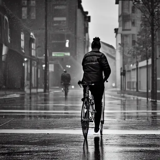 Prompt: a delivery guy wearing red jacket cycling in black and white street, rainy weather, 4 k, realistic, trending on artstation