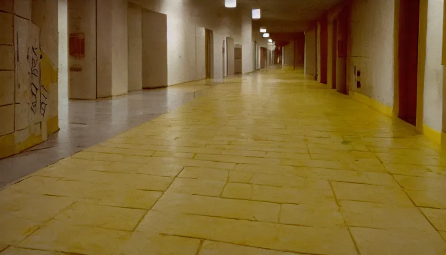 Image similar to 60s movie still of a sovietic stalinist style empty bunker hallway with yellow tiles, cinestill 800t 50mm eastmancolor, liminal Space style, heavy grain