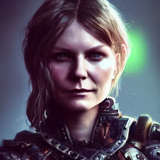 Prompt: kirsten dunst portrait, dystopia core, apocalyptic, armor, warrior, dramatic, sharp focus, fiction, neon, fantasy, hyper detailed, digital art, trending in artstation, cinematic lighting, studio quality, smooth render, unreal engine 5 rendered, octane rendered, art style and nixeu and wlop and krenz cushart