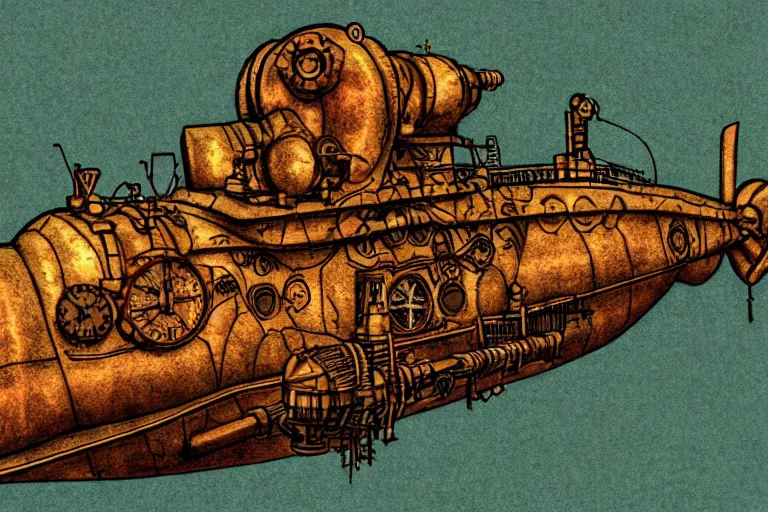 Image similar to steampunk submarine!, in the style of john avon and derek riggs and eva widermann, trending on artstation, halfrear lighting closeup view anaglyph filter, bokeh, anime, colored pencil art, belle epoque