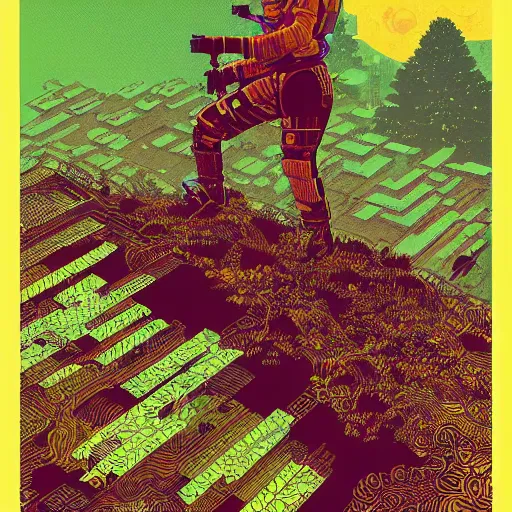 Prompt: Stunning illustration of single cyberpunk explorer overlooking lush forest , highly detailed, sunset, by Victo Ngai and James Gilleard , Moebius, Laurie Greasley