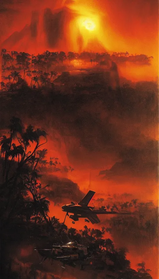 Image similar to jim jones'face close up on the apocalypse now poster, red sunset, snake river in the jungle, black helicopters, air brush, oil paint, radiant light, caustics, heroic, bright iridescent light, by gaston bussiere, bayard wu, greg rutkowski, maxim verehin