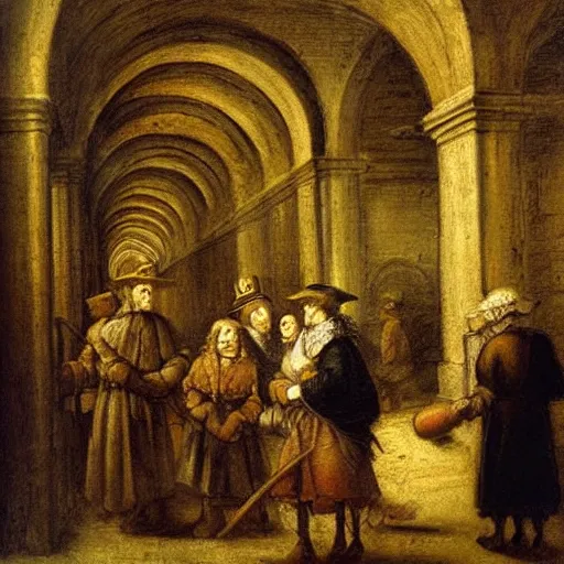 Prompt: rococo rembrandt slice - of - life painting of the venetian subway, 1 5 1 1