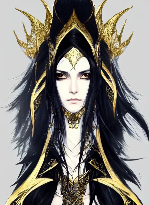 Image similar to Half body portrait of a beautiful elven healer with long straight black hair wearing ornate white and gold attire. In style of Yoji Shinkawa and Hyung-tae Kim, trending on ArtStation, dark fantasy, great composition, concept art, highly detailed, dynamic pose.