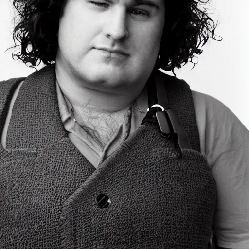 Image similar to close up headshot of a frowning clean shaven pudgy British lad with short curly dark brown hair as a hobbit wearing a white men's crossbody sling chest bag and blue vest, blue vest!! white crossbody chestbag!! high resolution film still, by Bruce Weber