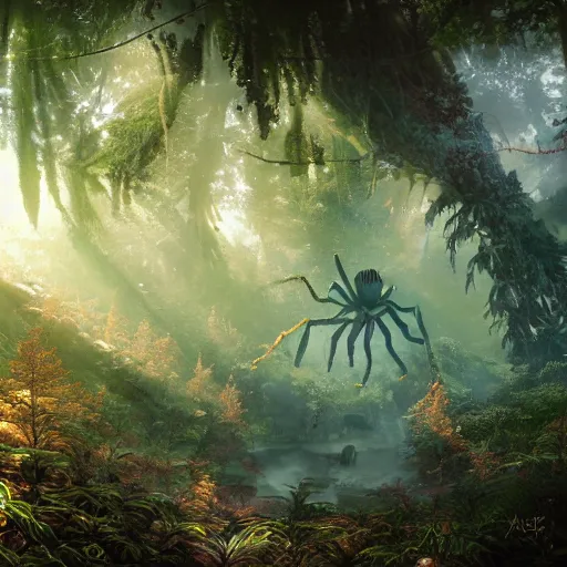 Image similar to an ugly giant spider, beautiful, realistic, atmosphere, vibe, forest, lot of trees, fern, flowers, concept art illustration, color page, tone mapping, akihiko yoshida, james jean, andrei riabovitchev, marc simonetti, digital illustration, greg rutowski, volumetric lighting, sunbeams, particles