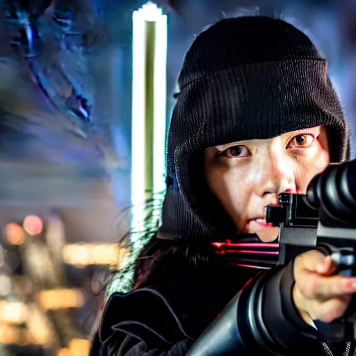 Prompt: photographic portrait of a techwear woman holding a shotgun, holding shotgun down, closeup, on the rooftop of a futuristic city at night, sigma 85mm f/1.4, 4k, depth of field, high resolution, full color, award winning photography, Kill Bill, John Wick, Die Hard, movies with guns, movie firearms, anatomically correct hands