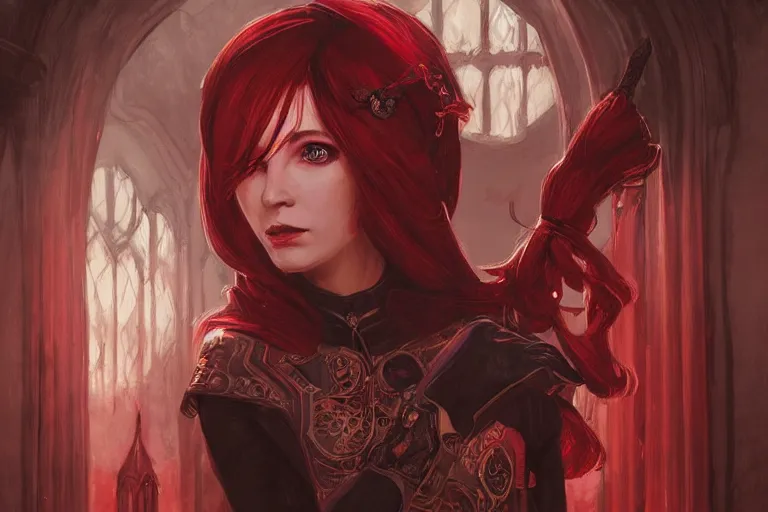 Prompt: female archmage, academy headmaster, red hair tied up in a bun black and red ornate!!! dress, character portrait, d & d, castle hallway background highly detailed, digital painting, artstation, concept art, sharp focus, illustration, cinematic lighting, art by artgerm and greg rutkowski and alphonse mucha