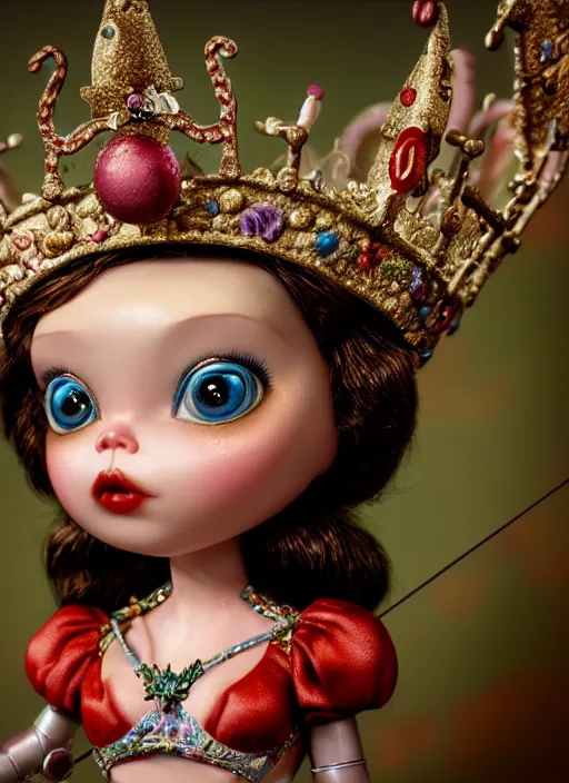 Image similar to highly detailed closeup, profile portrait of a tin toy fairytale princess wearing a crown, bikini, unreal engine, nicoletta ceccoli, mark ryden, earl norem, lostfish, global illumination, detailed and intricate environment