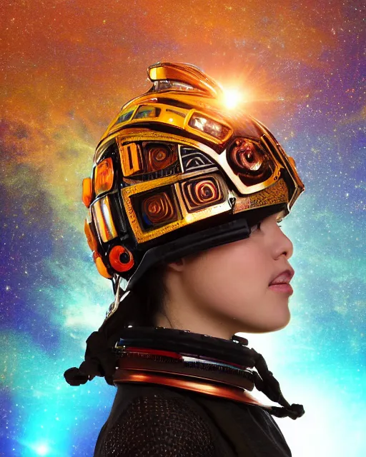 Prompt: centered medium shot fine studio photograph of a young woman wearing only a solarpunk mecha Mayan helmet with bright lights, ultra-realistic, white background, 8k HDR sunset lit, intricate