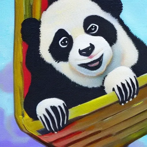 Image similar to beautiful and adorable and cute acrylic! impasto! painting of a sad, crying panda bear on a playground swing